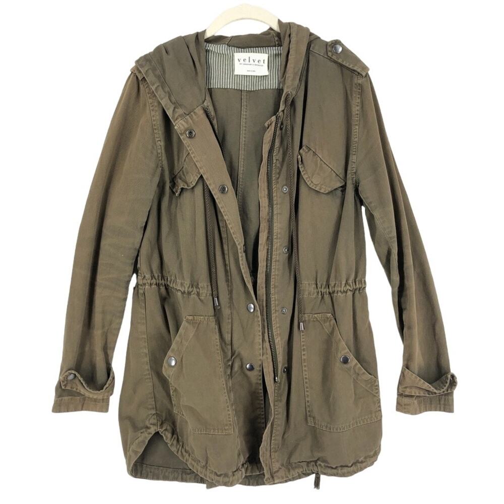 Velvet by Graham & Spencer Hooded Military Jacket Womens Small Green Cinch Waist